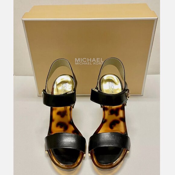 NEW MICHAEL KORS LANI SANDALS BLACK LEATHER 4" HEELS GOLD TORTOISE SHELL PUMPS 7 - Picture 5 of 13
